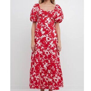 Free The Roses Red White Floral Print Maxi Dress Puff Sleeves Cotton Size Medium